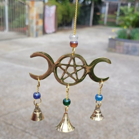 Triple Moon Pentagram Brass Wind Chime - Picture 3 of 4